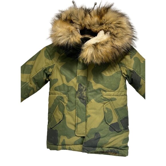 J. Crew Crewcuts Size 2 Kids Army Green Camouflage Down Winter Jacket Fur Hood - Picture 2 of 8